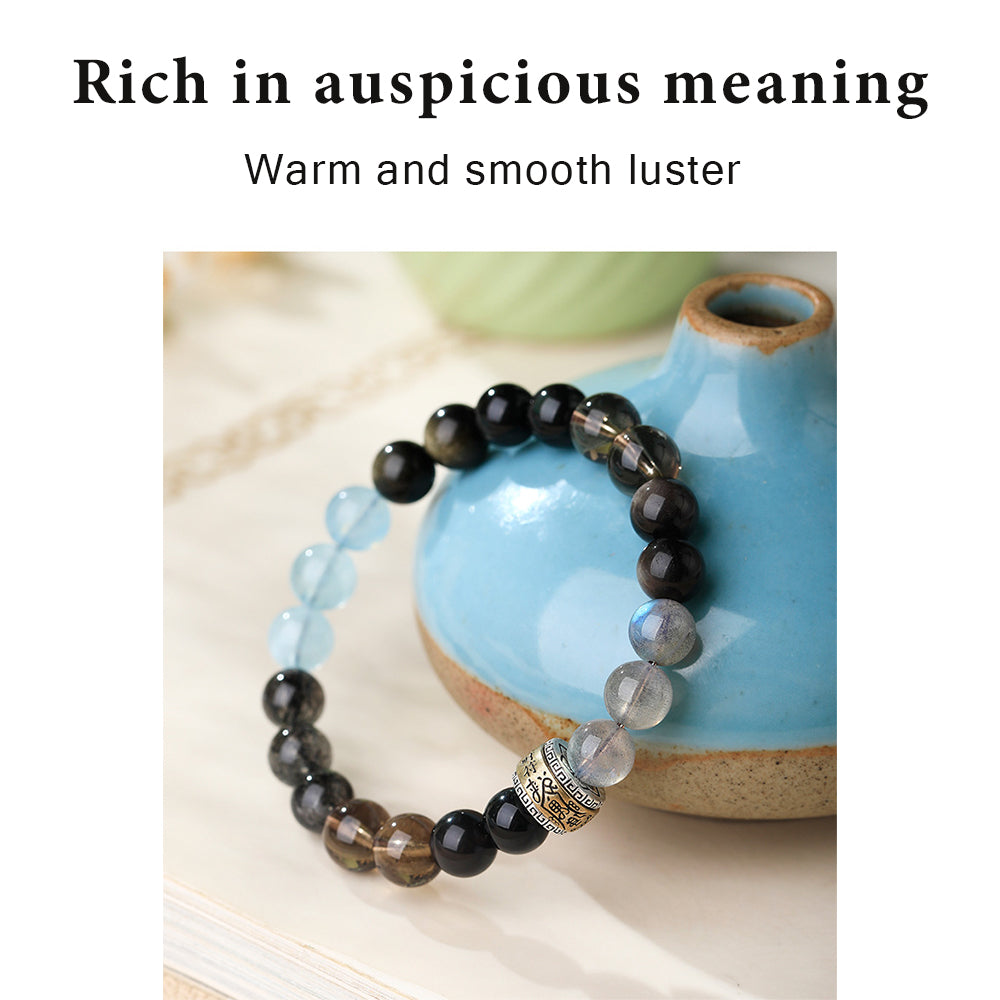 Natural Obsidian & Aquamarine Bracelet | Handmade 8mm Gemstone Beaded Bracelet