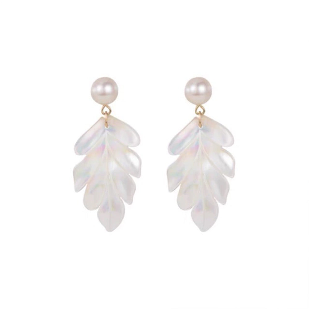 French Pearl & White Mother of Pearl Maple Leaf Drop Earrings | Elegant Long Dangle Earrings