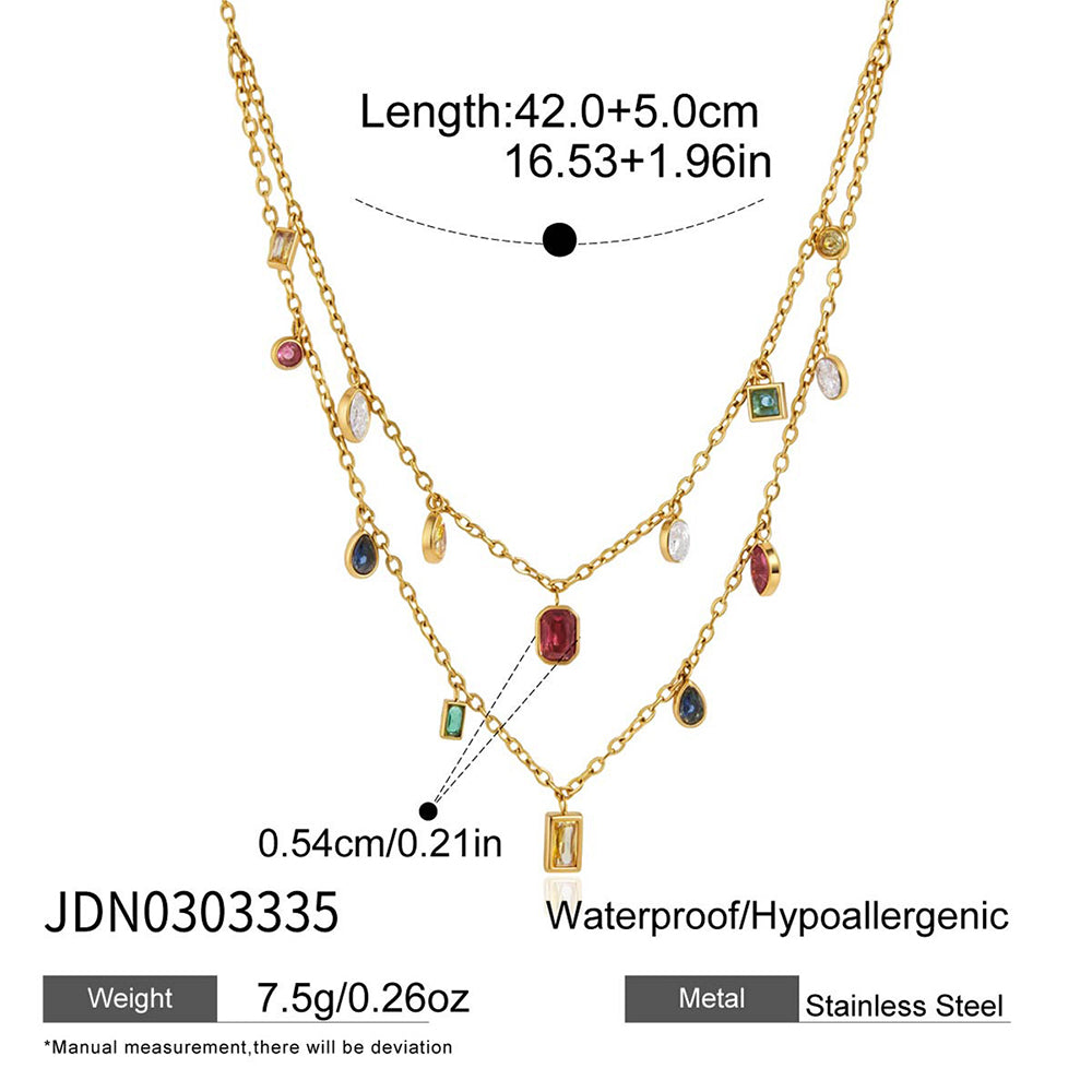 18K Gold Plated Double Layer Geometric Crystal Necklace | Waterproof Stainless Steel Layered Necklace for Women