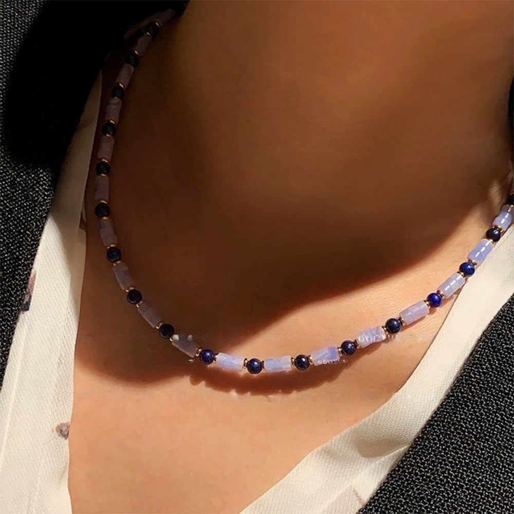 Purple Agate & Natural Lapis Lazuli Beaded Choker Necklace – Light Luxury Mixed Gemstone Jewelry for Women