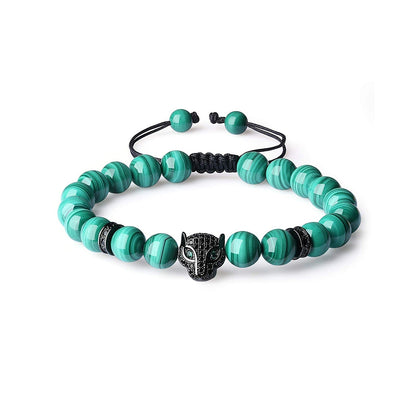 Leopard Head Malachite Bracelet – 8MM Natural Stone Beads CZ Pave Charm Adjustable Men’s Jewelry