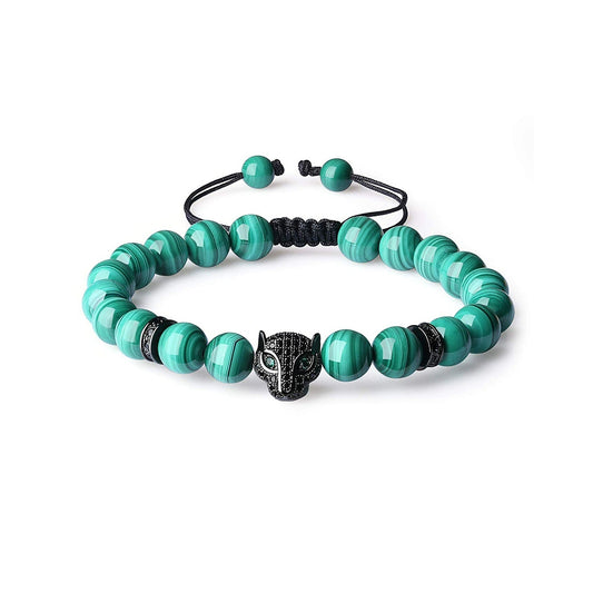 Leopard Head Malachite Bracelet – 8MM Natural Stone Beads CZ Pave Charm Adjustable Men’s Jewelry