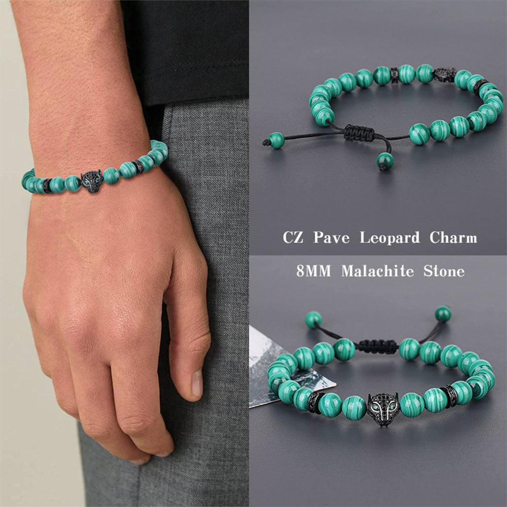 Leopard Head Malachite Bracelet – 8MM Natural Stone Beads CZ Pave Charm Adjustable Men’s Jewelry