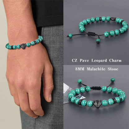 Leopard Head Malachite Bracelet – 8MM Natural Stone Beads CZ Pave Charm Adjustable Men’s Jewelry
