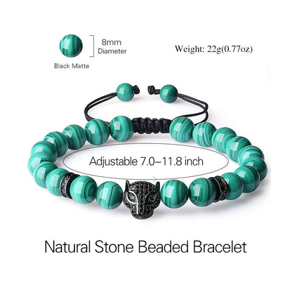 Leopard Head Malachite Bracelet – 8MM Natural Stone Beads CZ Pave Charm Adjustable Men’s Jewelry