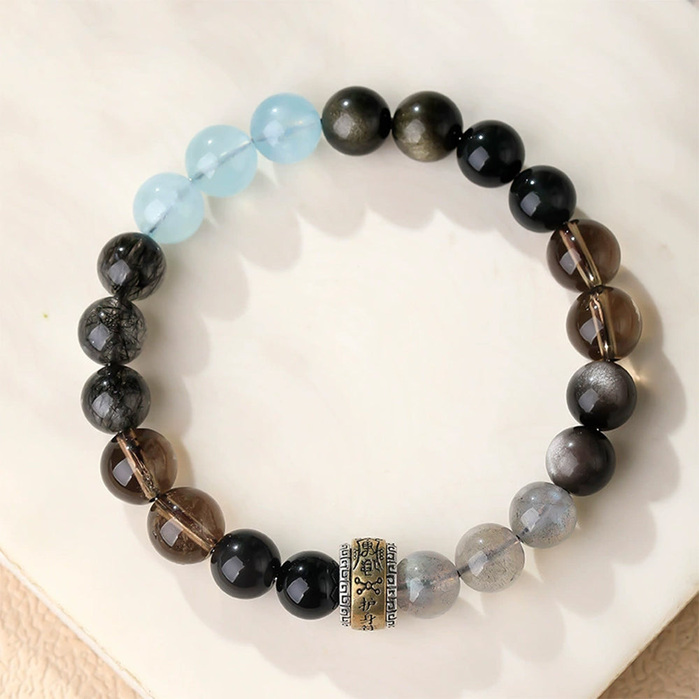 Natural Obsidian & Aquamarine Bracelet | Handmade 8mm Gemstone Beaded Bracelet