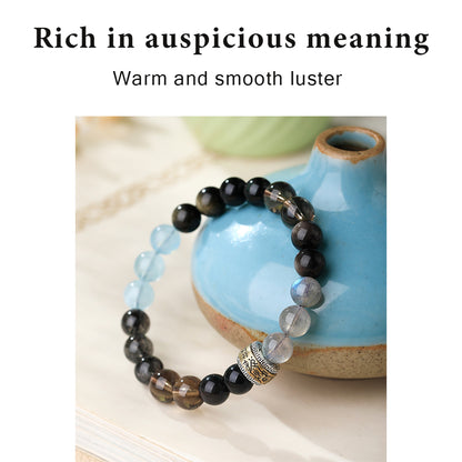 Natural Obsidian & Aquamarine Bracelet | Handmade 8mm Gemstone Beaded Bracelet