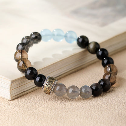 Natural Obsidian & Aquamarine Bracelet | Handmade 8mm Gemstone Beaded Bracelet