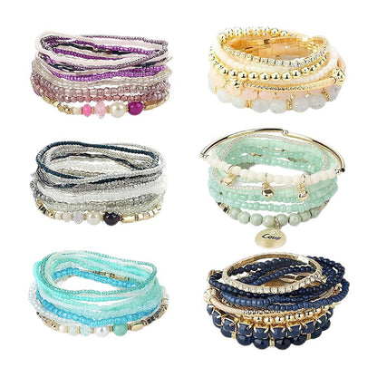 6PCS Boho Stackable Beaded Bracelet Set – Colorful Layered Stretch Bracelets with Rhinestone Accents