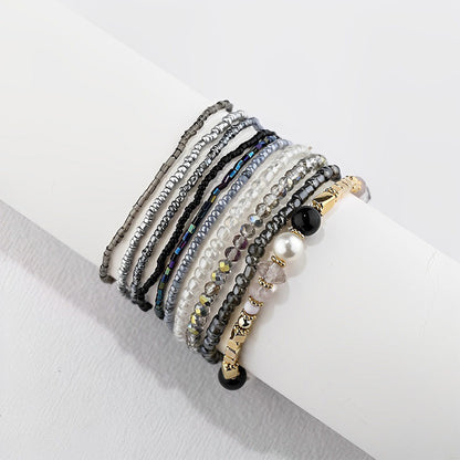 6PCS Boho Stackable Beaded Bracelet Set – Colorful Layered Stretch Bracelets with Rhinestone Accents