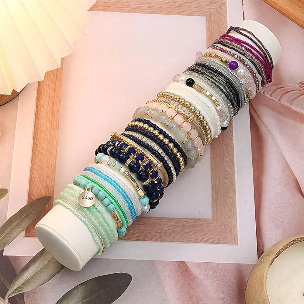 6PCS Boho Stackable Beaded Bracelet Set – Colorful Layered Stretch Bracelets with Rhinestone Accents