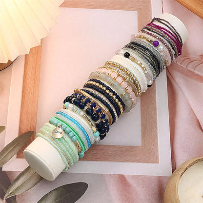 6PCS Boho Stackable Beaded Bracelet Set – Colorful Layered Stretch Bracelets with Rhinestone Accents