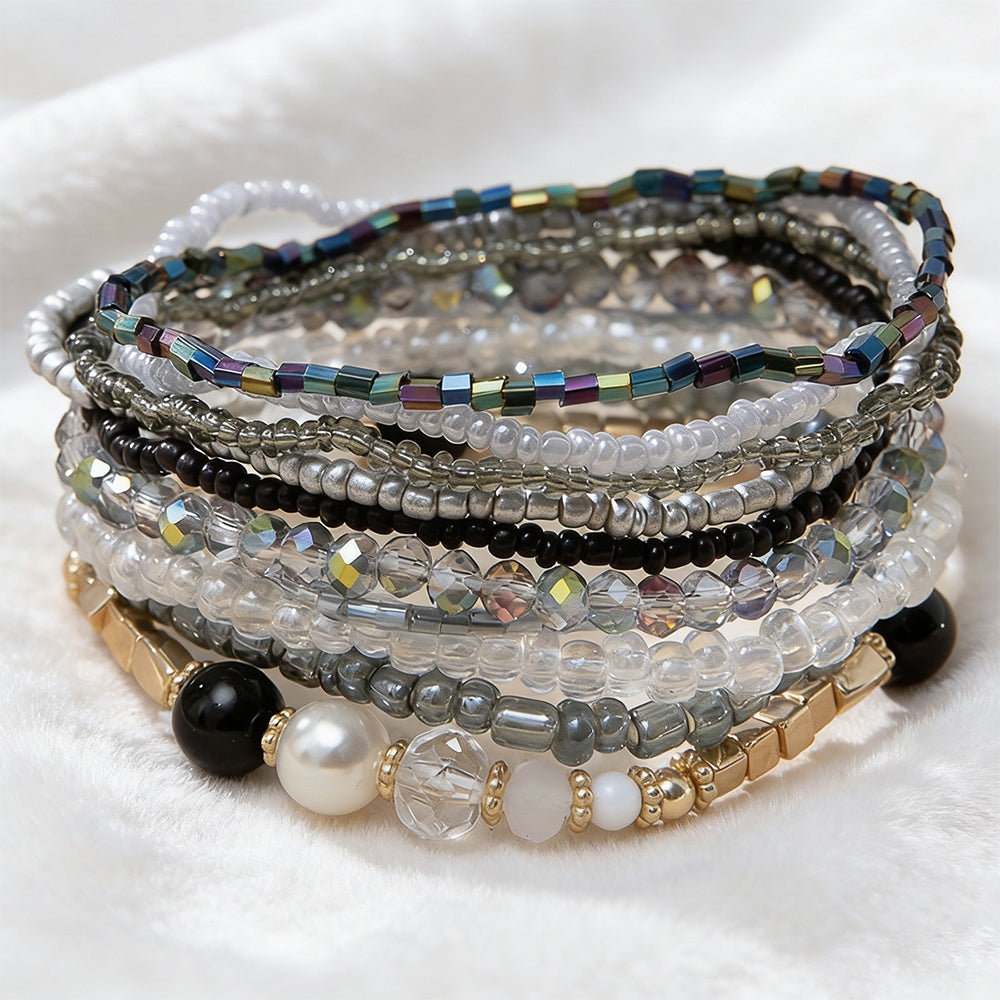 6PCS Boho Stackable Beaded Bracelet Set – Colorful Layered Stretch Bracelets with Rhinestone Accents