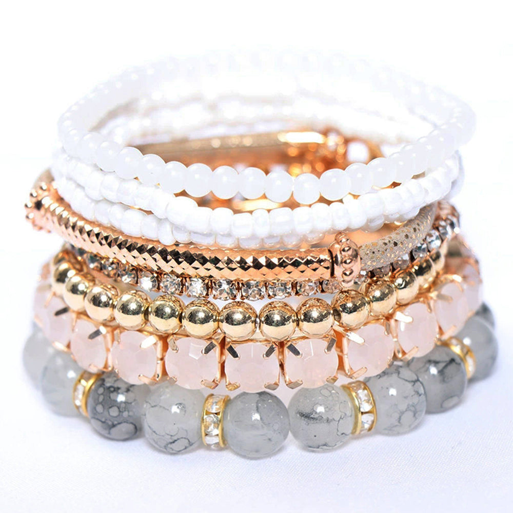 6PCS Boho Stackable Beaded Bracelet Set – Colorful Layered Stretch Bracelets with Rhinestone Accents