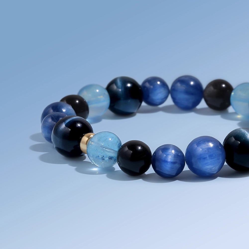 Five Elements "Water" Balancing Bracelet - Aquamarine Kyanit Blue Tiger's Eye and Obsidian