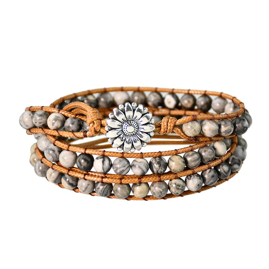 Bohemian Black Jasper Multi-Wrap Bracelet with Daisy Button Clasp
