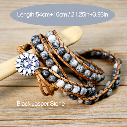 Bohemian Black Jasper Multi-Wrap Bracelet with Daisy Button Clasp