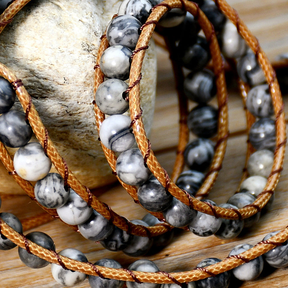 Bohemian Black Jasper Multi-Wrap Bracelet with Daisy Button Clasp