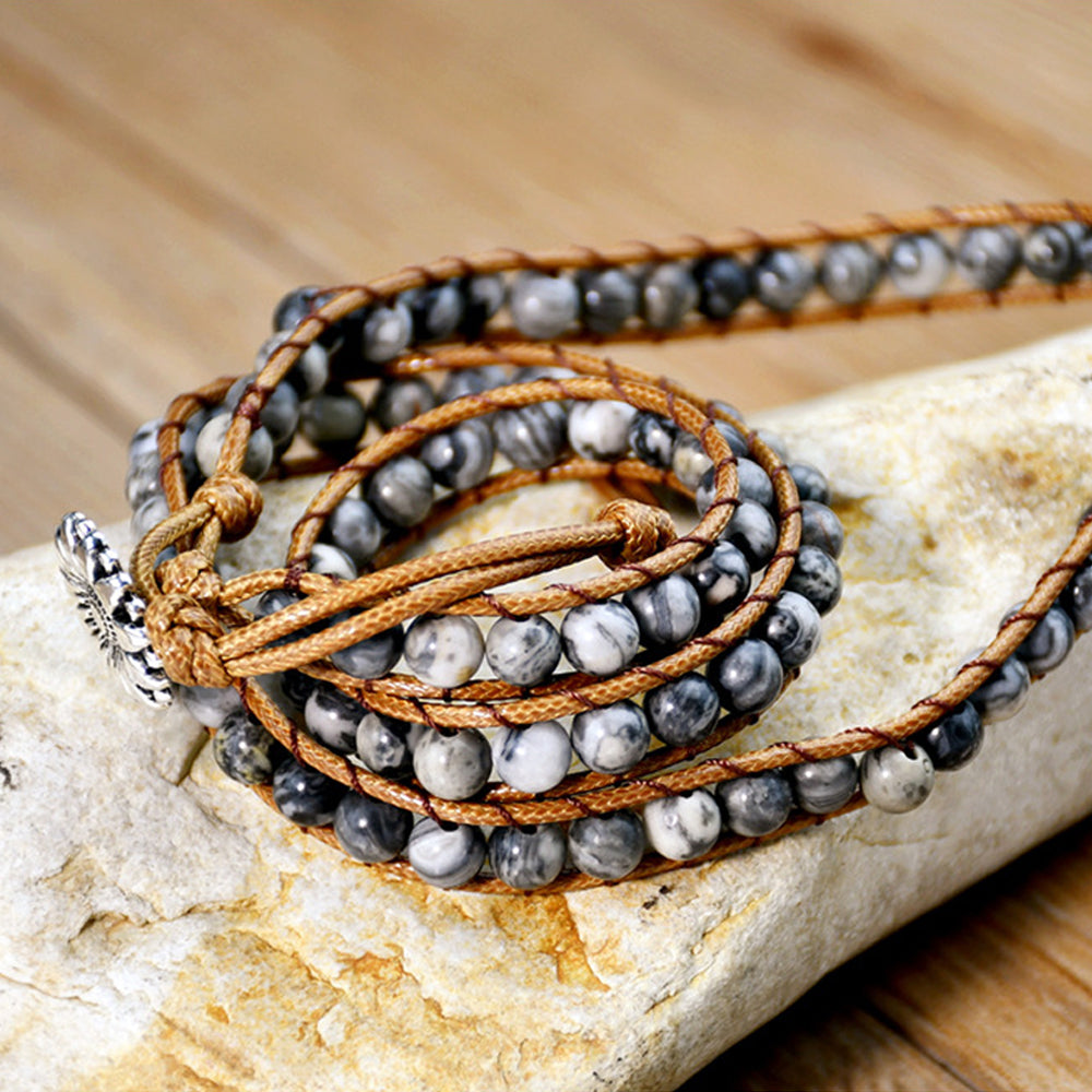 Bohemian Black Jasper Multi-Wrap Bracelet with Daisy Button Clasp