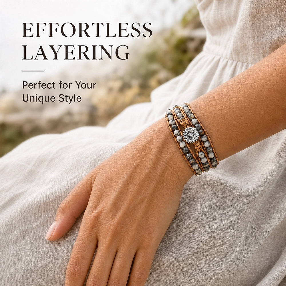 Bohemian Black Jasper Multi-Wrap Bracelet with Daisy Button Clasp