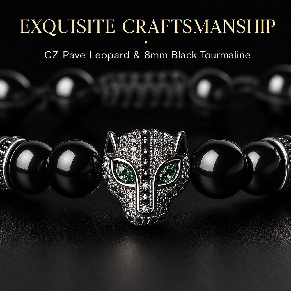 Leopard Black Tourmaline Stone Bracelet for Men Women