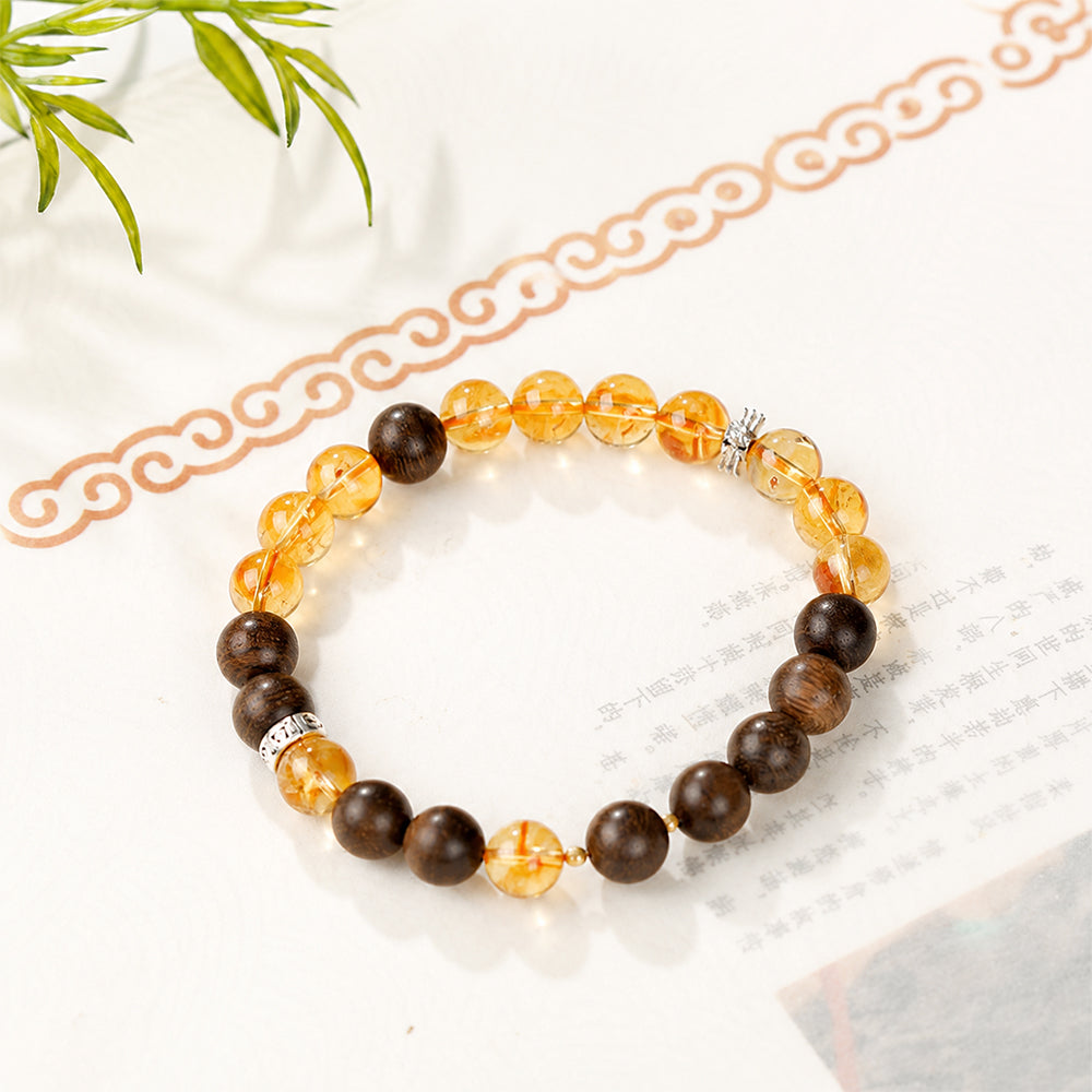 Kynam Agarwood & Golden Rutilated Quartz Bracelet | Handmade Natural Beaded Bracelet (8mm)