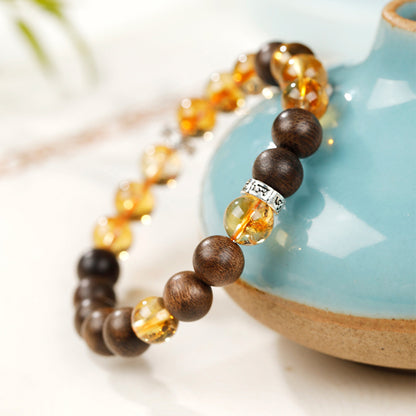 Kynam Agarwood & Golden Rutilated Quartz Bracelet | Handmade Natural Beaded Bracelet (8mm)