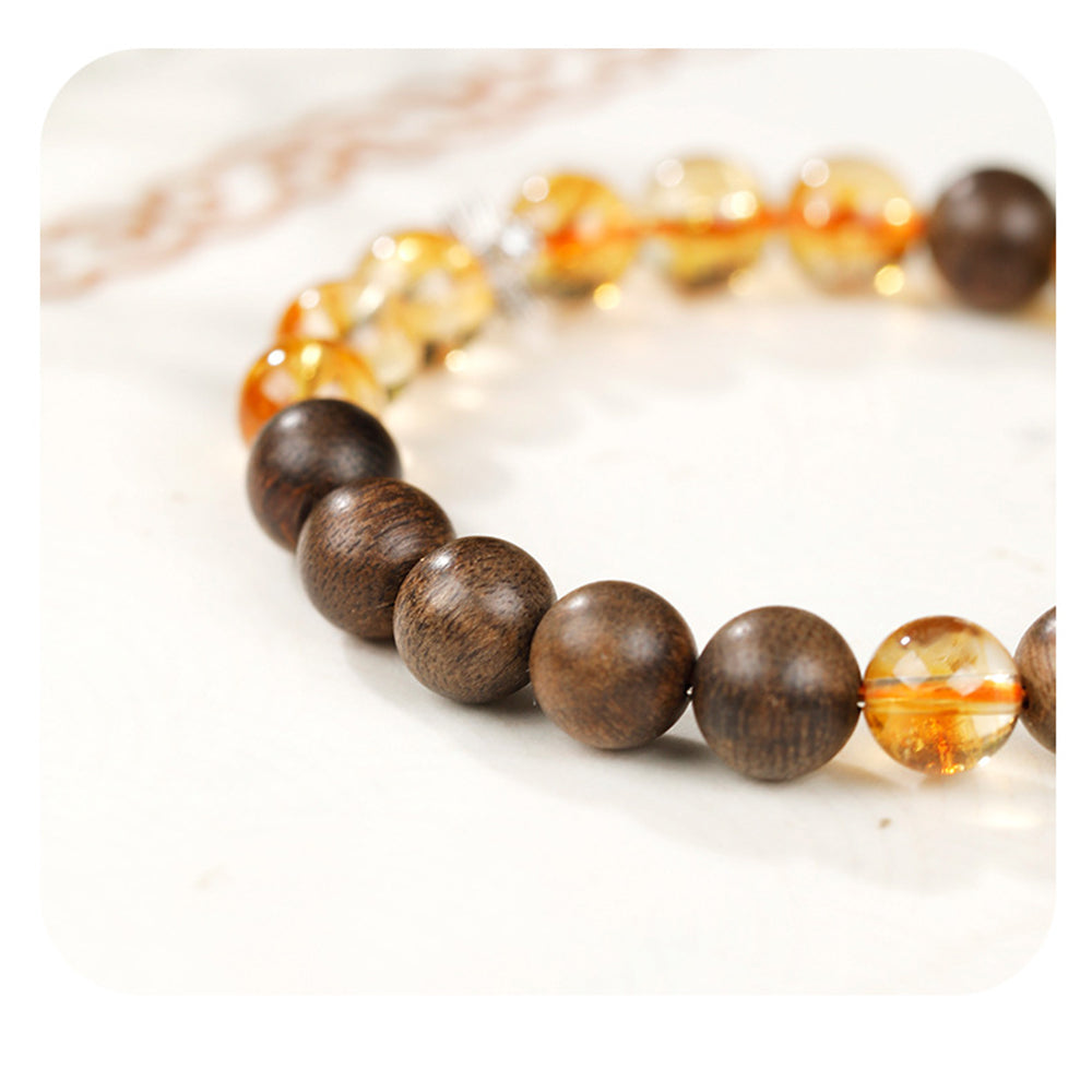 Kynam Agarwood & Golden Rutilated Quartz Bracelet | Handmade Natural Beaded Bracelet (8mm)