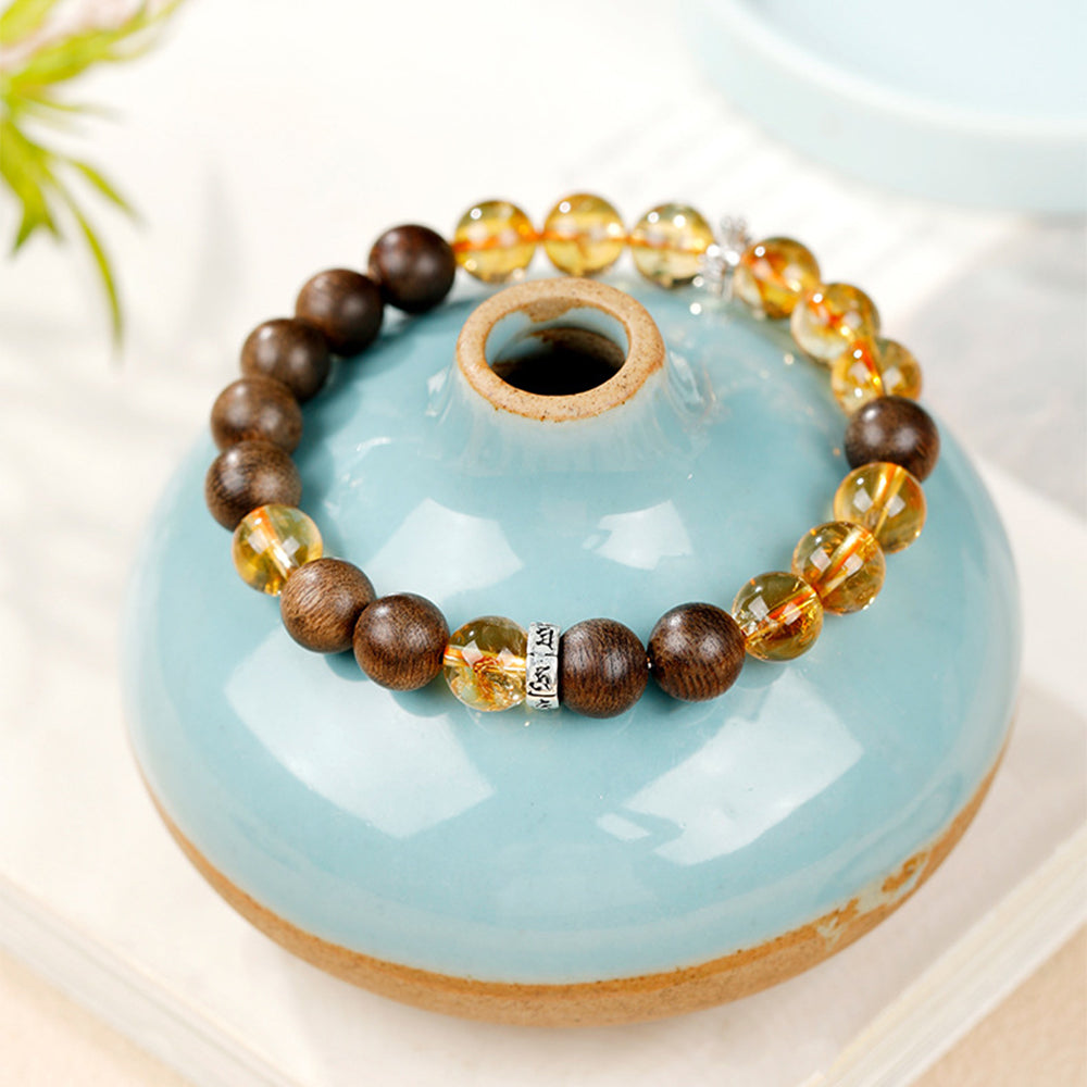 Kynam Agarwood & Golden Rutilated Quartz Bracelet | Handmade Natural Beaded Bracelet (8mm)