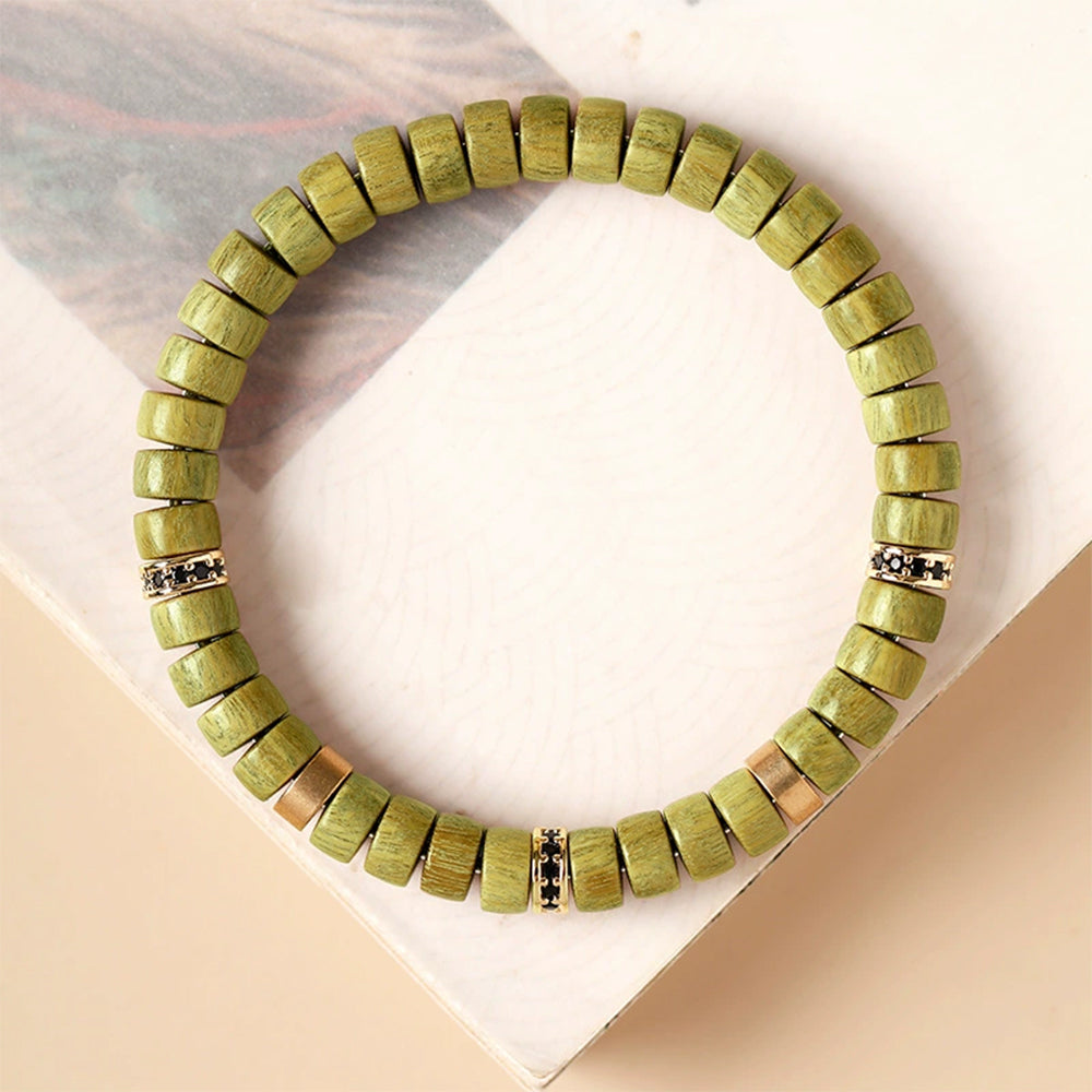 Natural Green Sandalwood Disc Bead Bracelet | Handmade Wooden Meditation Bracelet