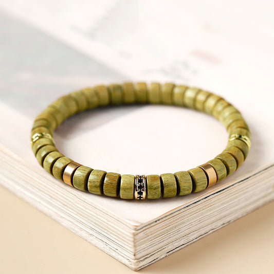 Natural Green Sandalwood Disc Bead Bracelet | Handmade Wooden Meditation Bracelet
