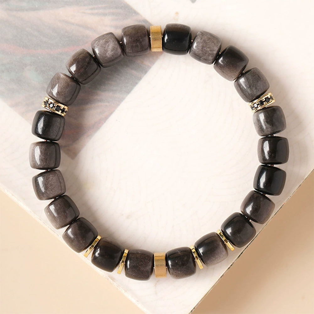 Natural Silver Sheen Obsidian Barrel Bead Bracelet | Handmade Polished Crystal Bracelet