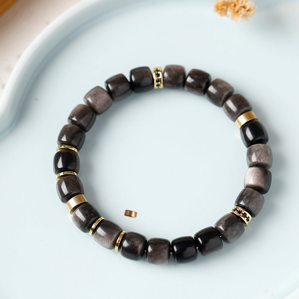 Natural Silver Sheen Obsidian Barrel Bead Bracelet | Handmade Polished Crystal Bracelet