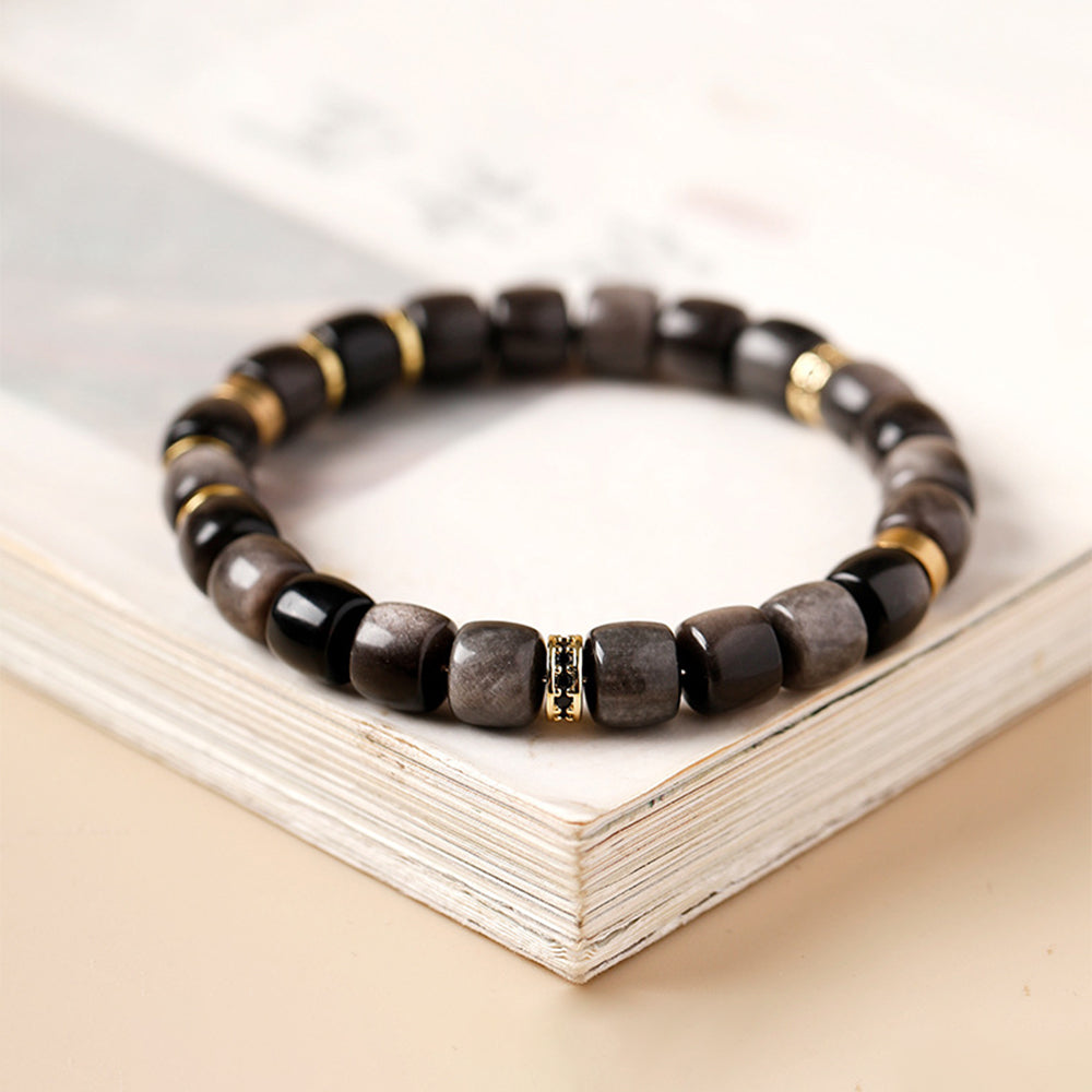 Natural Silver Sheen Obsidian Barrel Bead Bracelet | Handmade Polished Crystal Bracelet