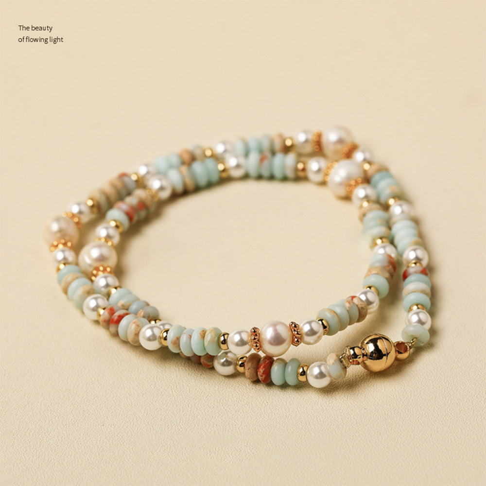 Freshwater Pearl & Shoushan Stone Double Layer Bracelet | Magnetic Clasp Handmade Beaded Bracelet