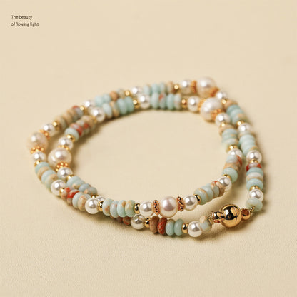 Freshwater Pearl & Shoushan Stone Double Layer Bracelet | Magnetic Clasp Handmade Beaded Bracelet