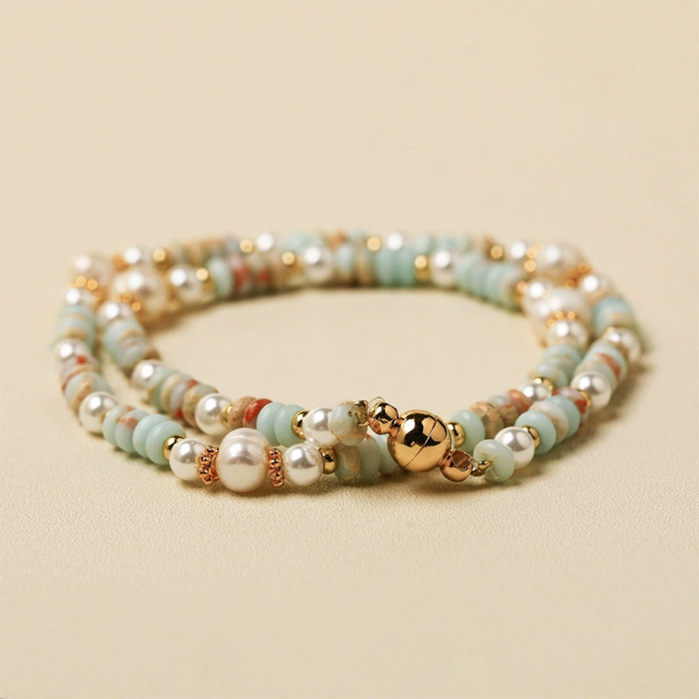 Freshwater Pearl & Shoushan Stone Double Layer Bracelet | Magnetic Clasp Handmade Beaded Bracelet