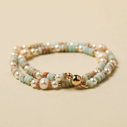 Freshwater Pearl & Shoushan Stone Double Layer Bracelet | Magnetic Clasp Handmade Beaded Bracelet