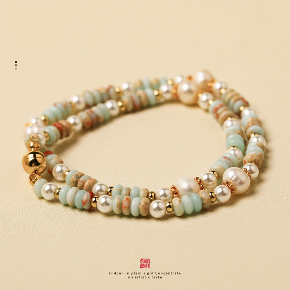 Freshwater Pearl & Shoushan Stone Double Layer Bracelet | Magnetic Clasp Handmade Beaded Bracelet