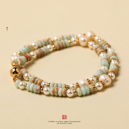 Freshwater Pearl & Shoushan Stone Double Layer Bracelet | Magnetic Clasp Handmade Beaded Bracelet