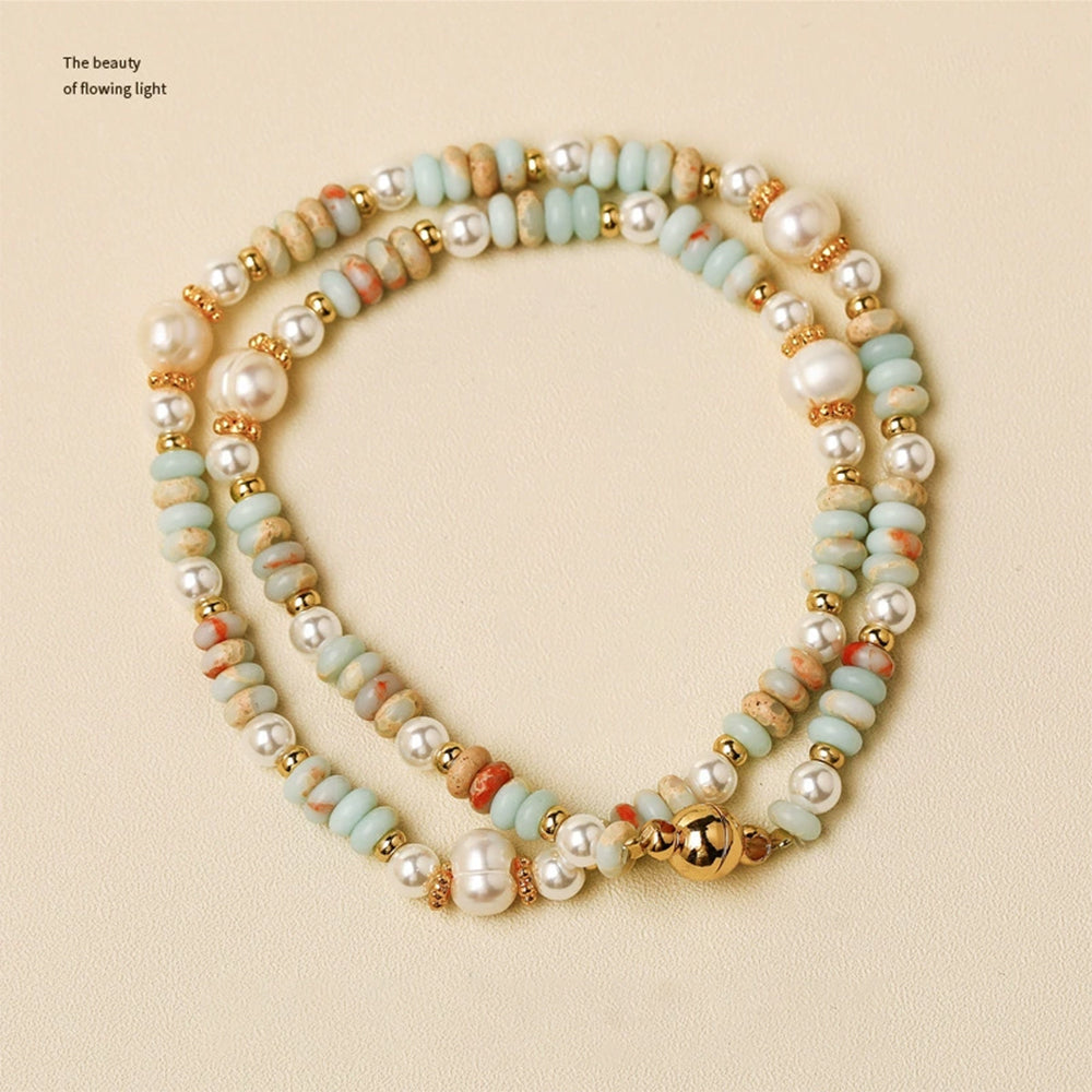 Freshwater Pearl & Shoushan Stone Double Layer Bracelet | Magnetic Clasp Handmade Beaded Bracelet