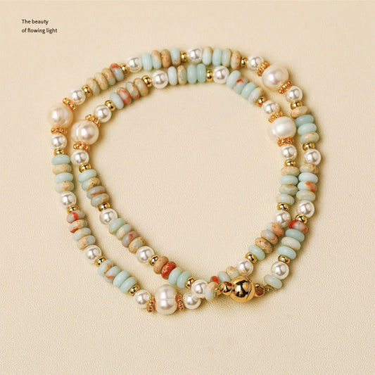 Freshwater Pearl & Shoushan Stone Double Layer Bracelet | Magnetic Clasp Handmade Beaded Bracelet