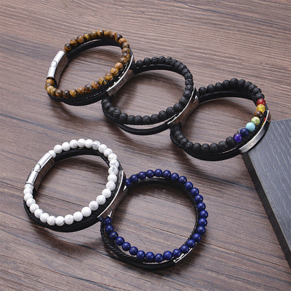 Multi layer natural stone leather bracelet with stainless steel magnetic buckle