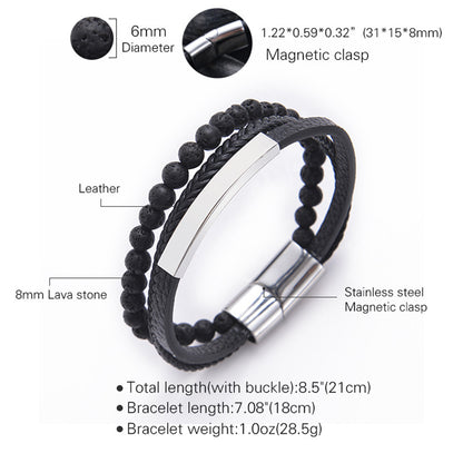 Multi layer natural stone leather bracelet with stainless steel magnetic buckle