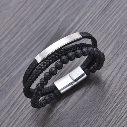 Multi layer natural stone leather bracelet with stainless steel magnetic buckle