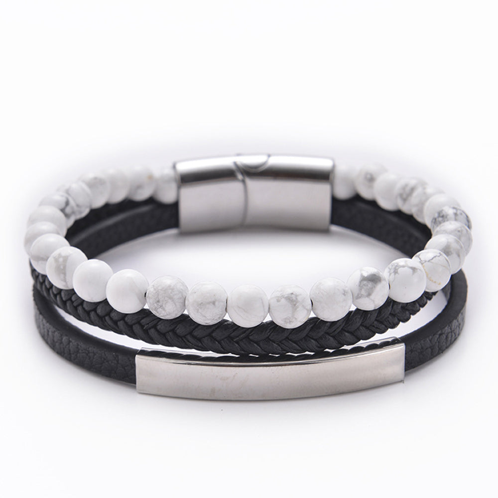 Multi layer natural stone leather bracelet with stainless steel magnetic buckle