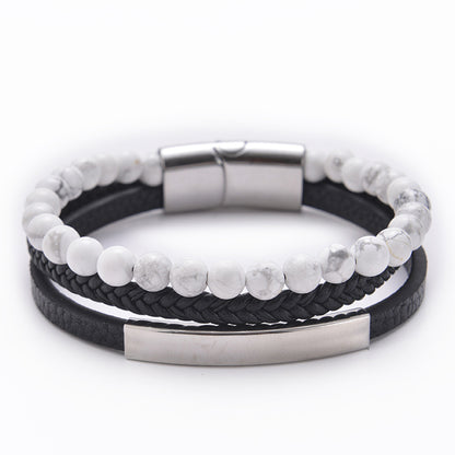 Multi layer natural stone leather bracelet with stainless steel magnetic buckle
