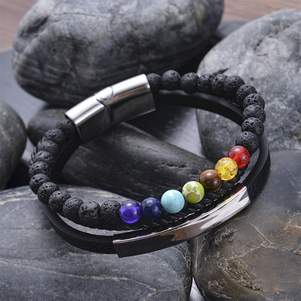 Multi layer natural stone leather bracelet with stainless steel magnetic buckle
