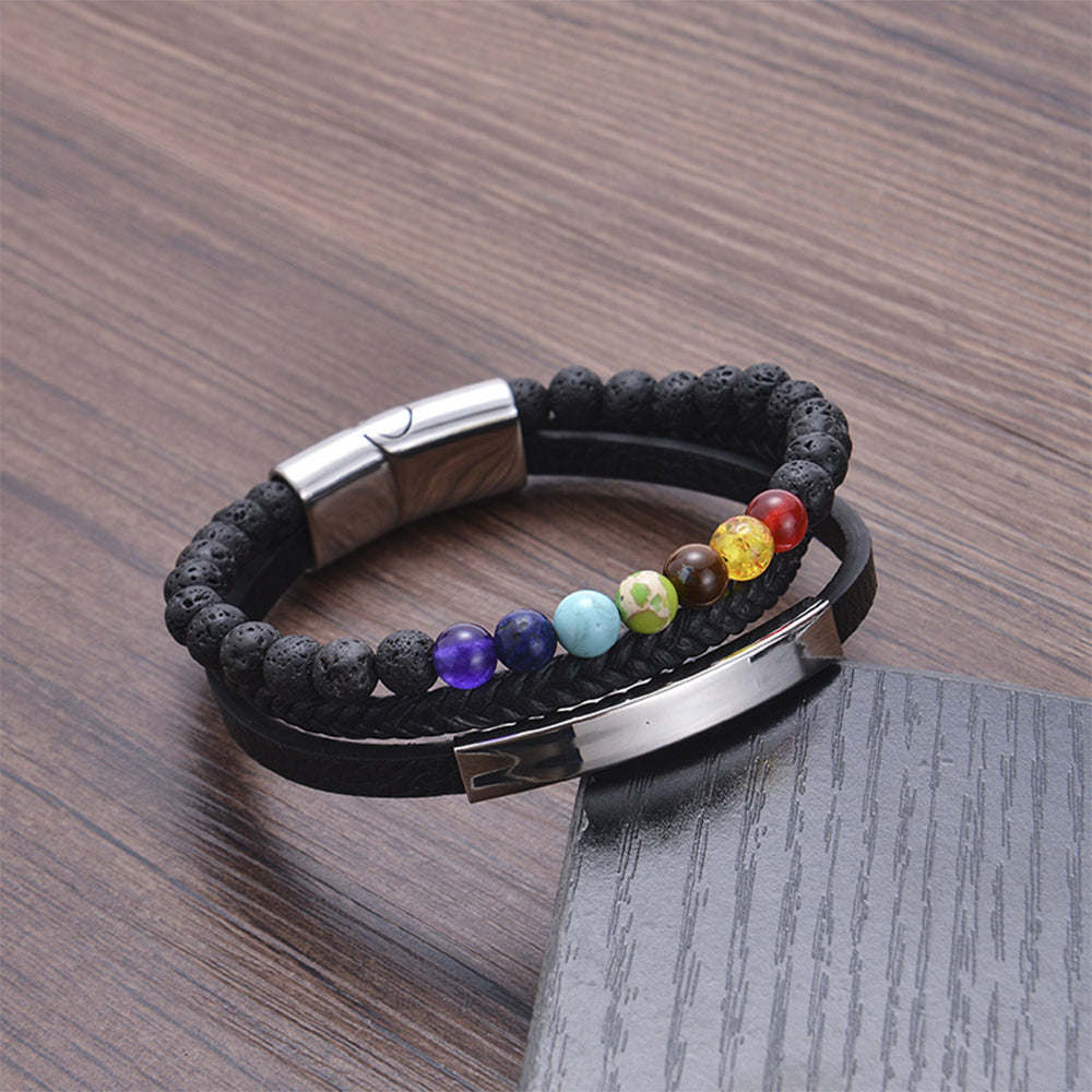 Multi layer natural stone leather bracelet with stainless steel magnetic buckle