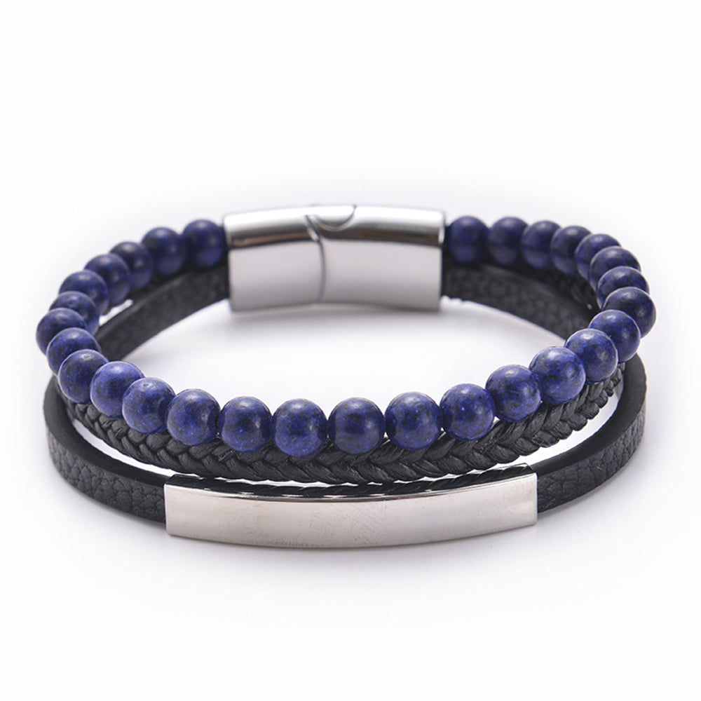 Multi layer natural stone leather bracelet with stainless steel magnetic buckle